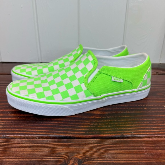 VANS Neon Green / White Checkerboard Slip On Sneakers - Picture 1 of 8